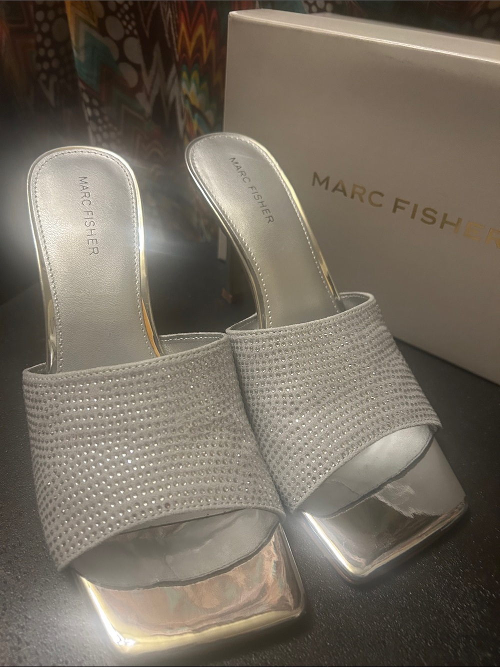 Marc Fisher Silver Rhinestone-Embellished Mirror Slide Mules 10M
